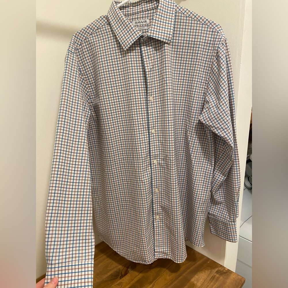 Haggar Men's Blue and Brown Checkered Dress Shirt